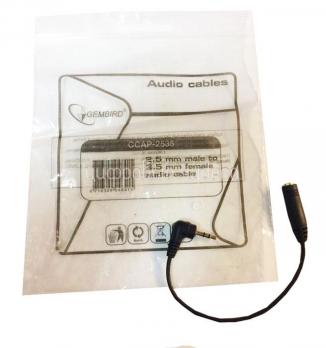 Кабель-перех.Gembird CCAP-2535,2.5 Jack(M) - 3.5 Jack(F),стерео,аудио15cм дляПК, MP3, черный, позол.разъемы