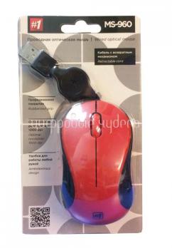 Мышь Defender MS-960 красный, USB, проводная, скручивающийся кабель, 1000dpi, 52961