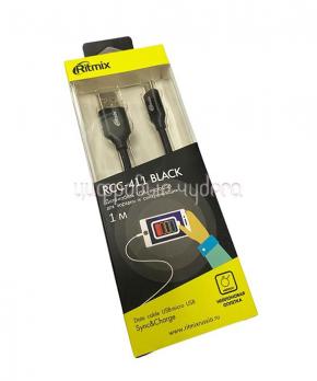 Кабель RITMIX MicroUSB-USB для синхронизации/зарядки, 1м, нейлон. опл., мет. коннекторы black (RCC-411)