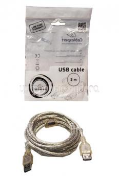 Кабель USB Am-Af Cablexpert 3.0м USB 2.0 удлинитель, 2 феррит.кольца, экран, прозрачный