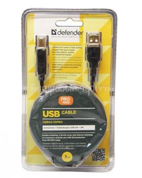 Кабель USB Am-Bm Defender Pro 3м USB 2.0, зол.конт., 2фер.фильтра Блистер (USB04-10PRO)